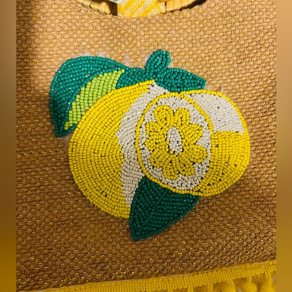 America & Beyond Beaded Lemon Jute Tote Bag - Picture 3 of 15